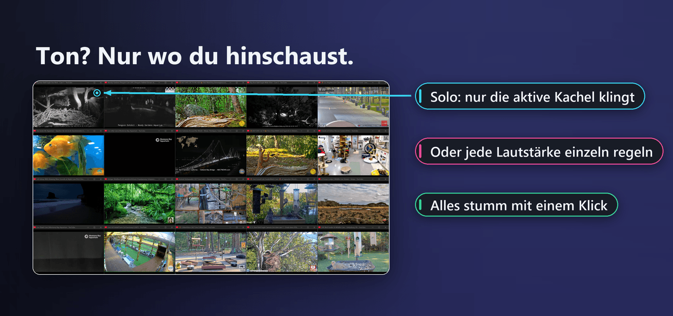 Audio-Steuerung in QuackTile mit Lautstärke-Mixer und Stummschaltung pro Fenster.