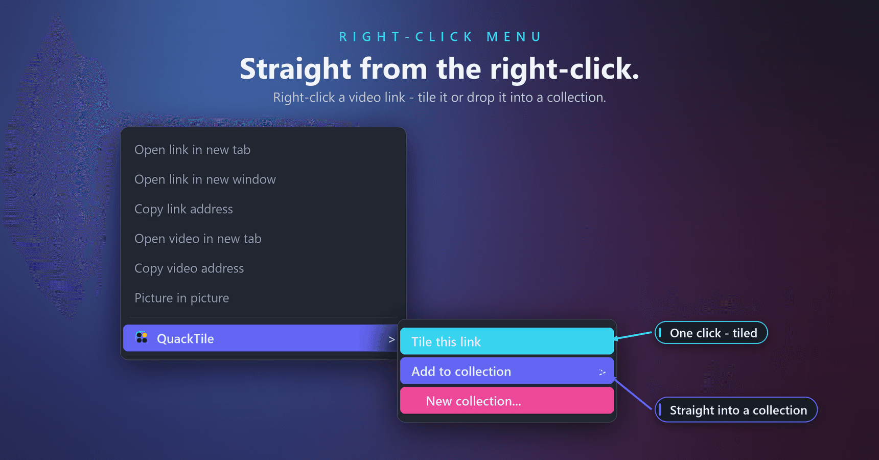 The QuackTile right-click menu with the actions Tile this link and Add to collection.