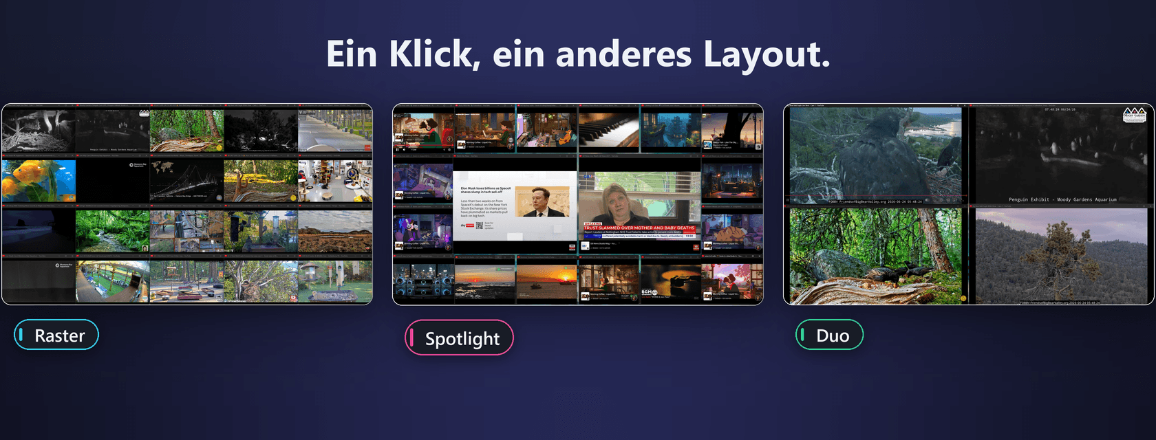 Verschiedene Raster-Layouts in QuackTile, vom einfachen Zweier-Split bis zum dichten Raster.