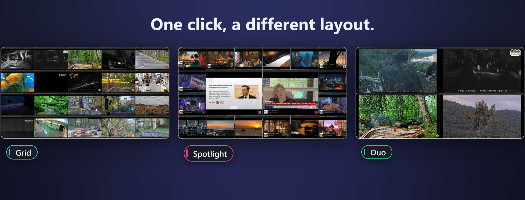 Different grid layouts in QuackTile, from a simple two-way split to a dense grid.