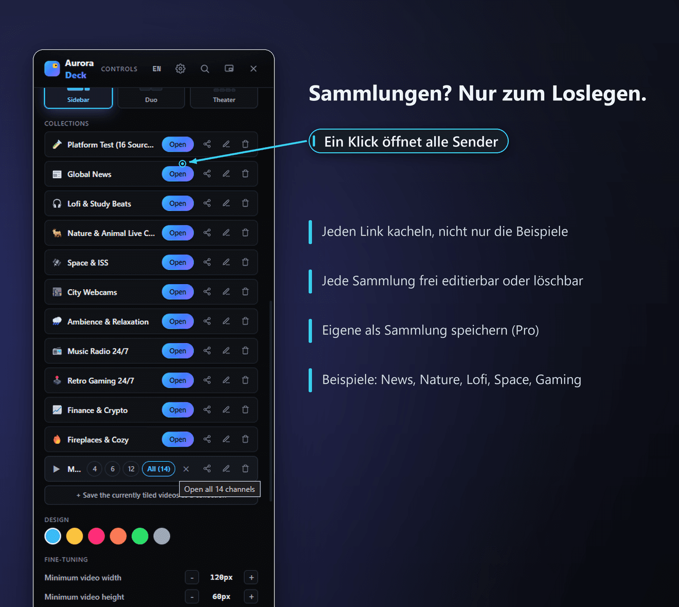 Fertige Beispiel-Sammlungen in QuackTile, etwa News-Wall, Lofi und Webcams.