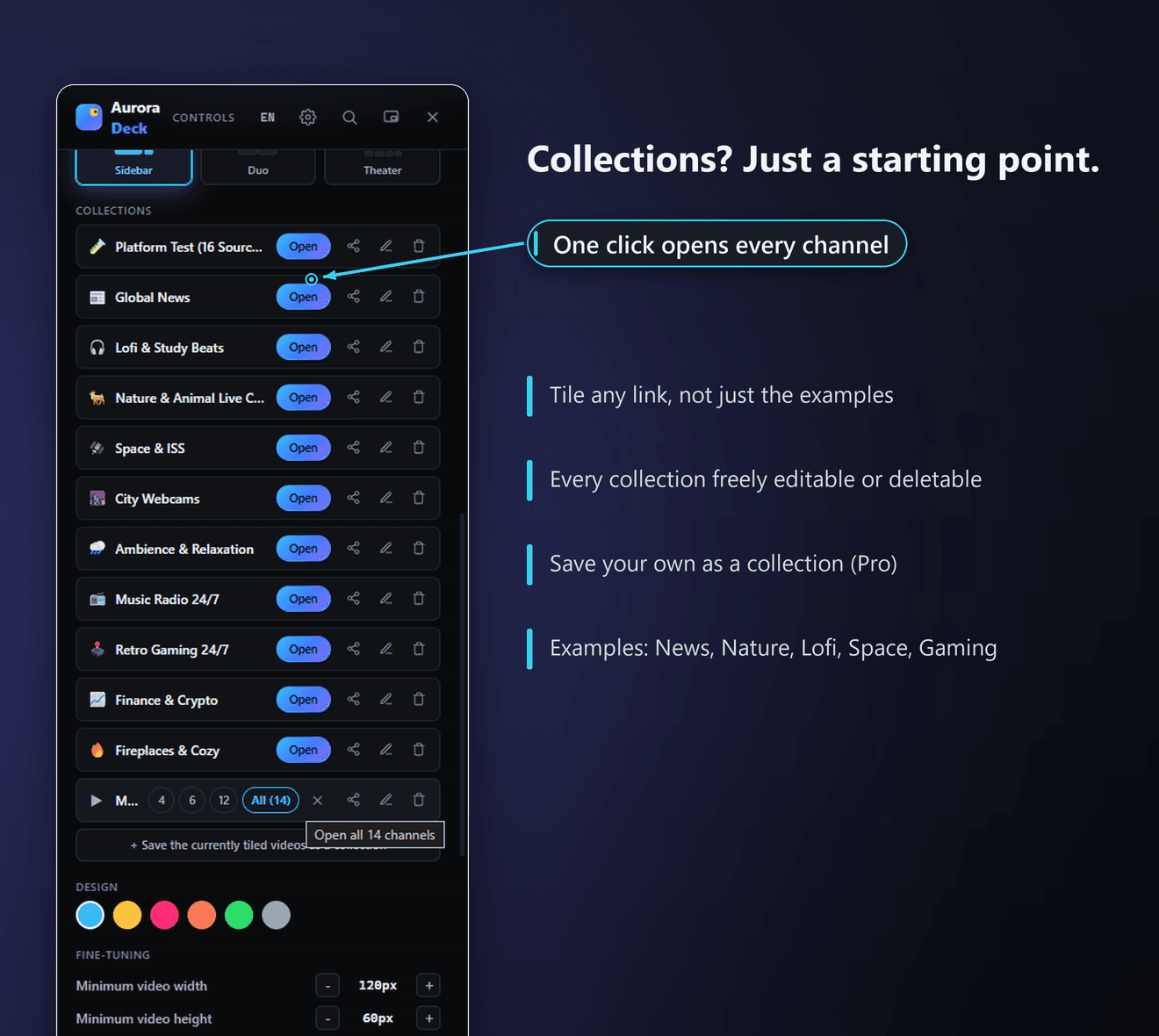 Ready-made example collections in QuackTile, such as news wall, lofi, and webcams.