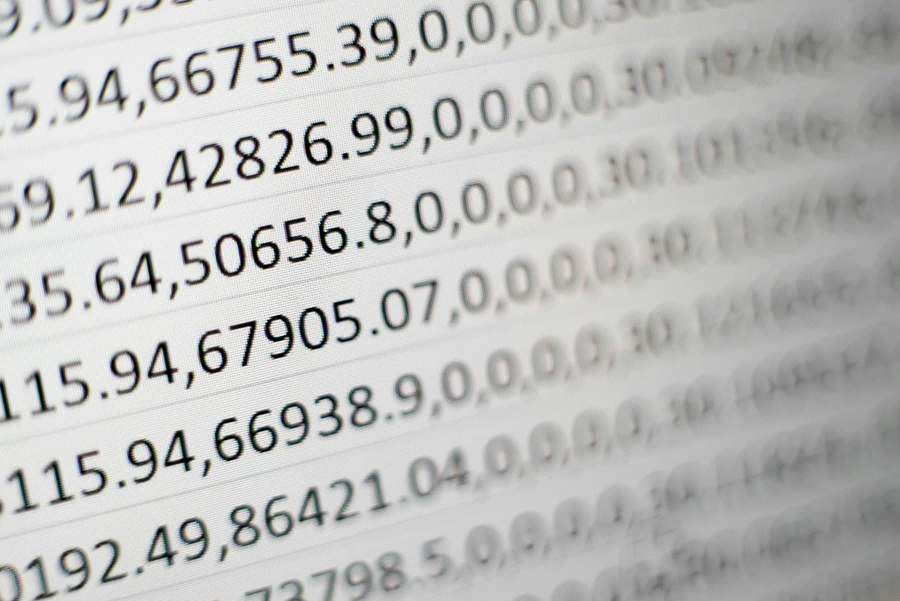Close-up of a screen showing several columns of unsorted numeric data, blurring toward the right