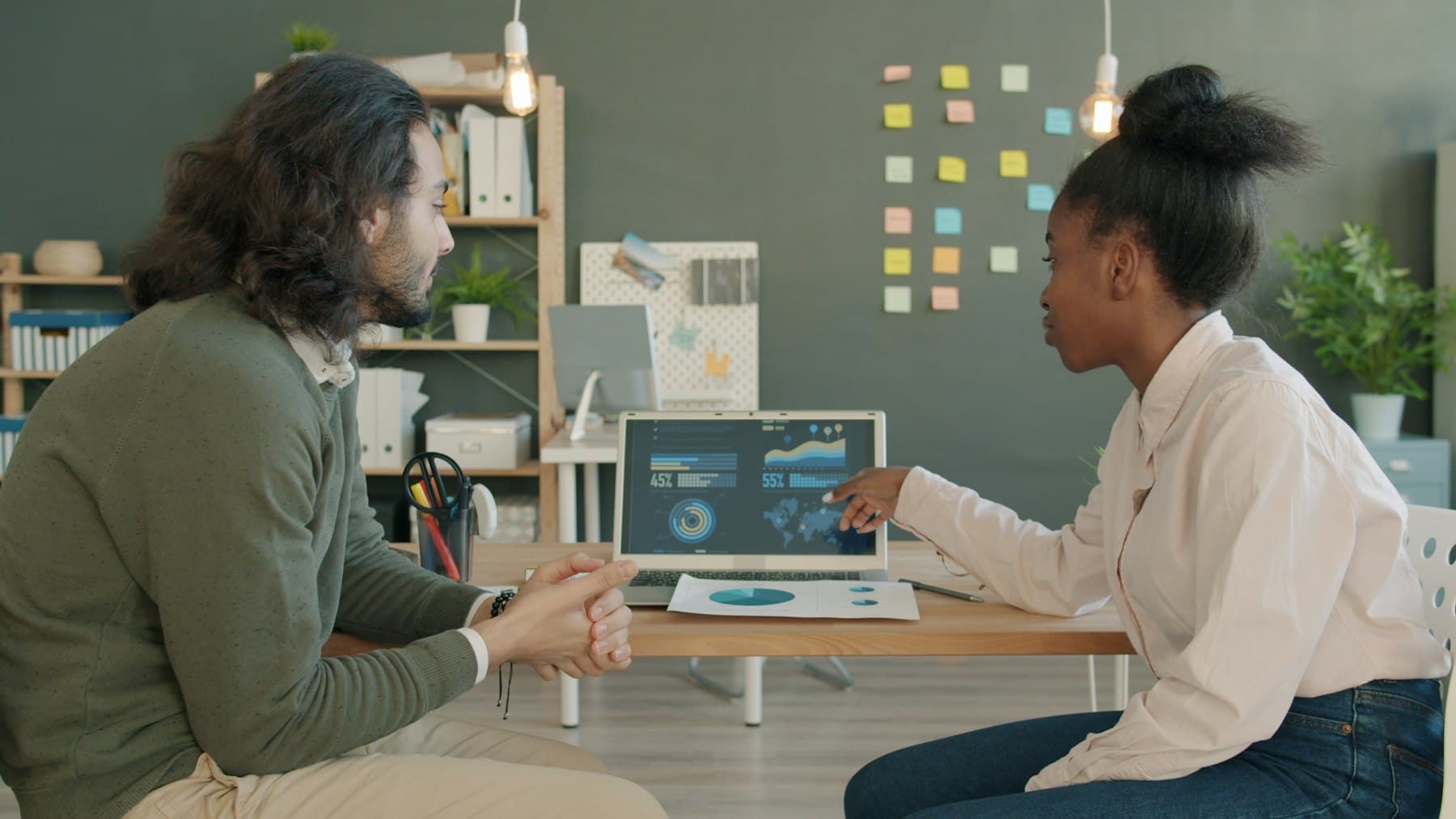 A woman explains a dashboard with metrics, charts, and a world map on a laptop screen to a colleague