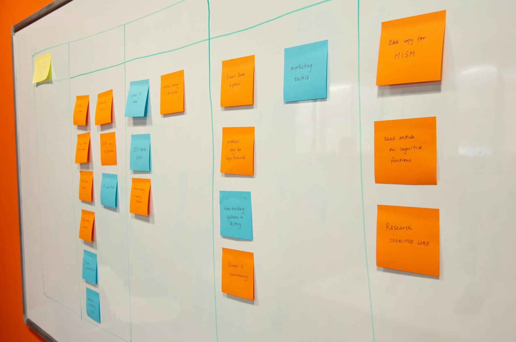 Whiteboard with colorful sticky notes while gathering topics together