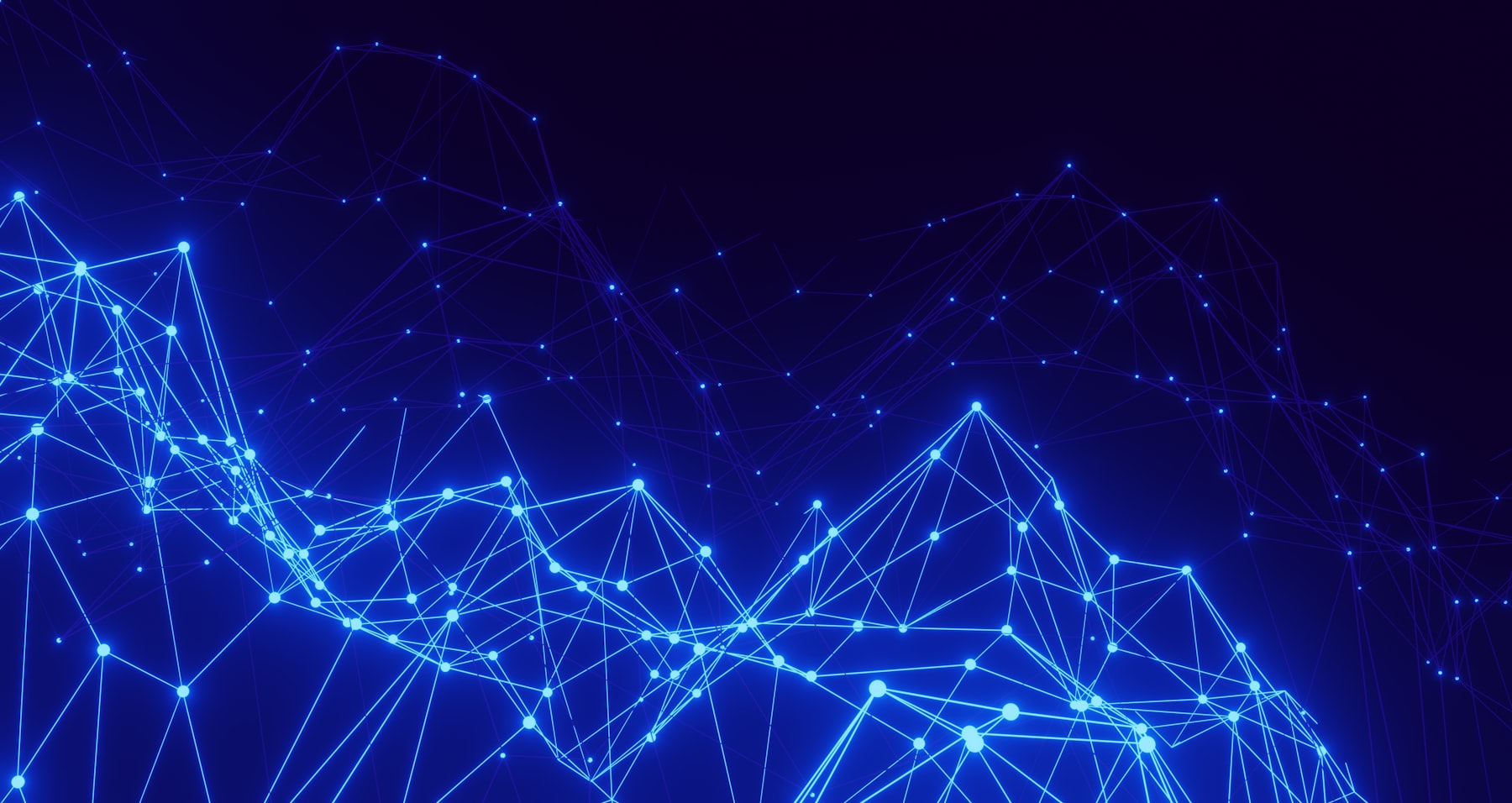 Abstract visualization of a neural network: glowing blue interconnected nodes and lines against a dark background