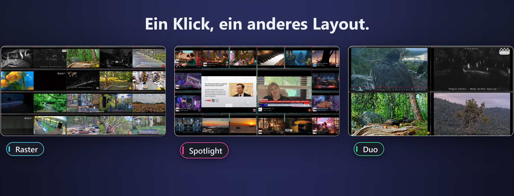Verschiedene Raster-Layouts in QuackTile, vom einfachen Zweier-Split bis zum dichten Raster.