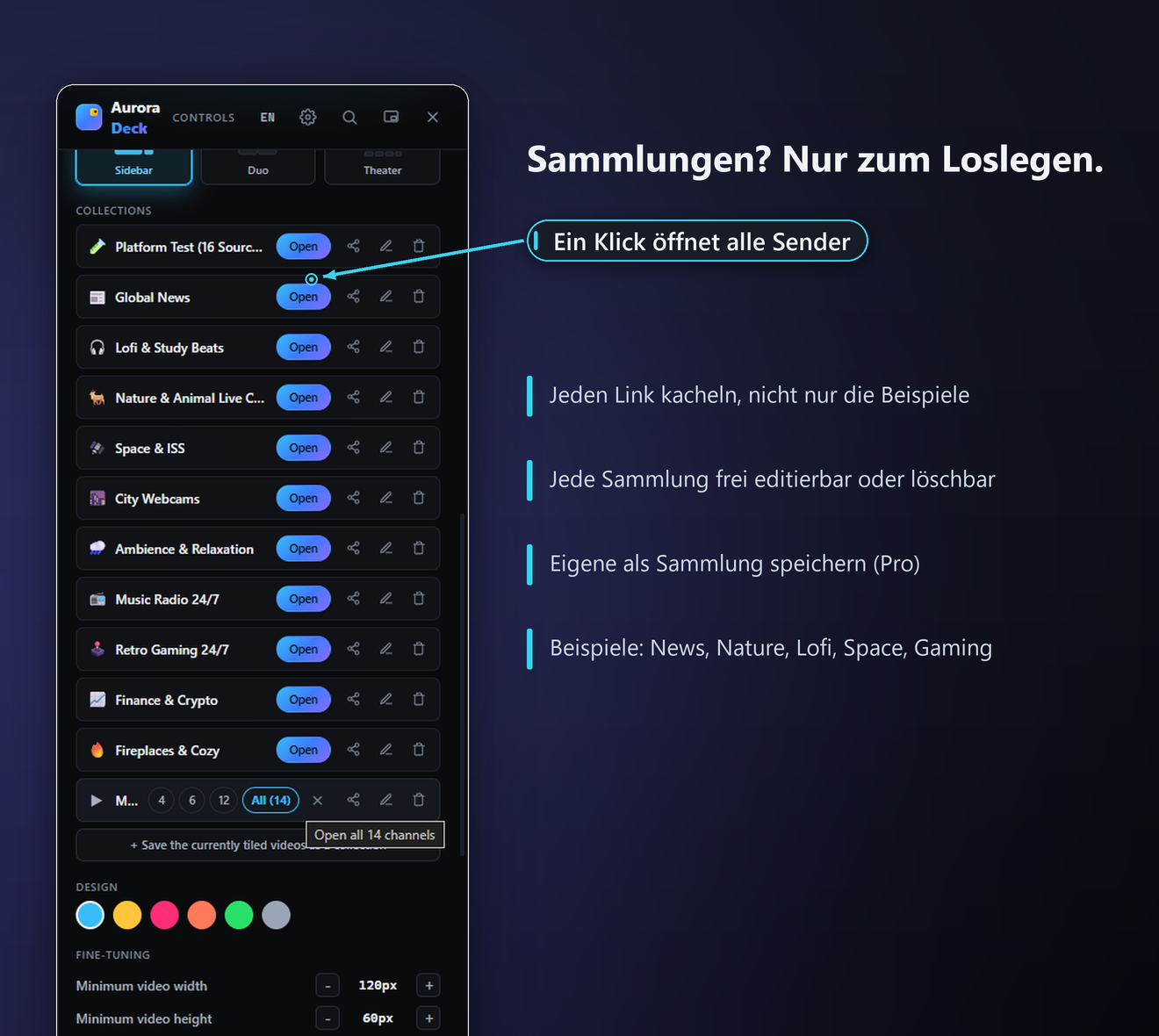 Fertige Beispiel-Sammlungen in QuackTile, etwa News-Wall, Lofi und Webcams.