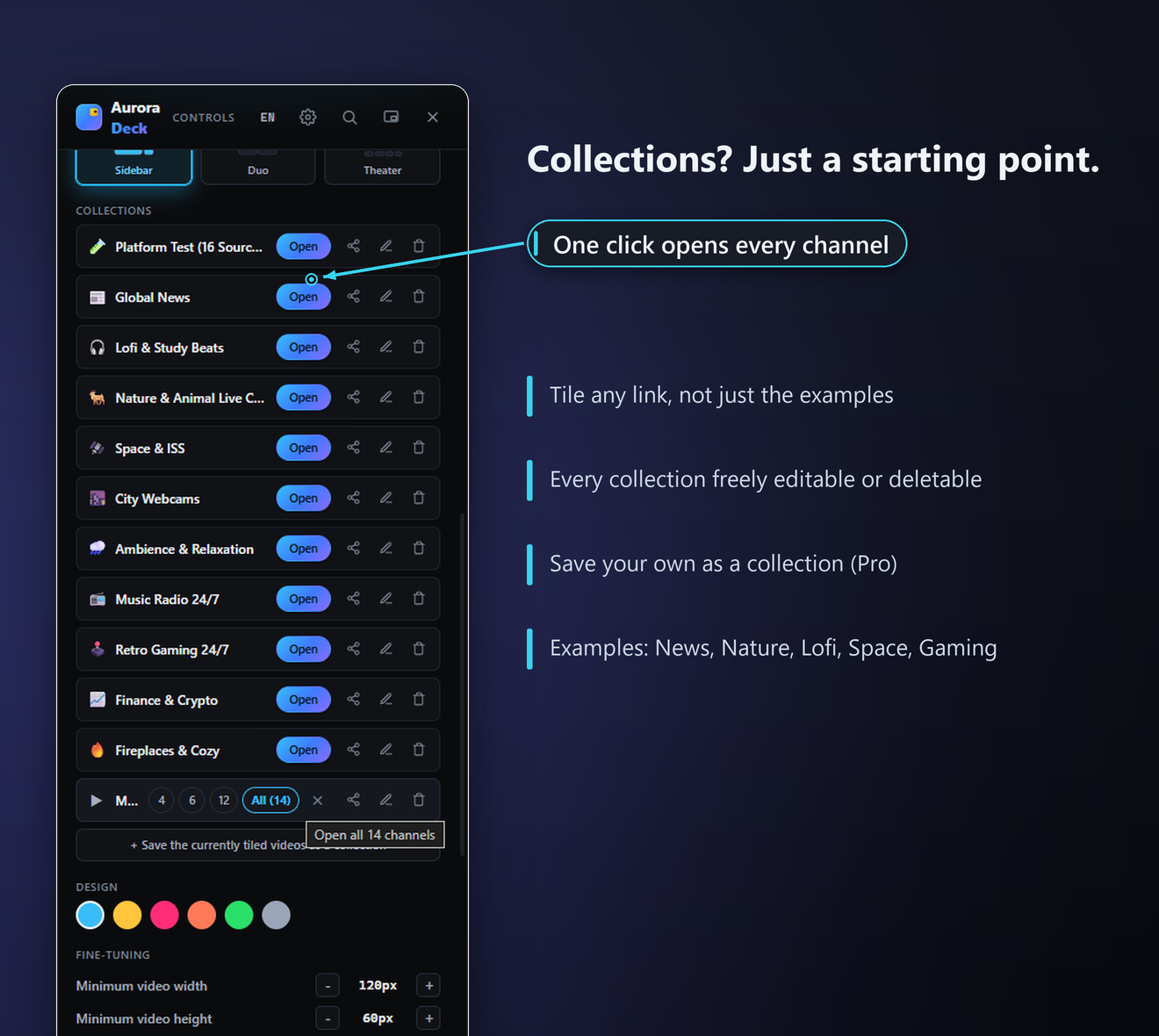 Ready-made example collections in QuackTile, such as news wall, lofi, and webcams.